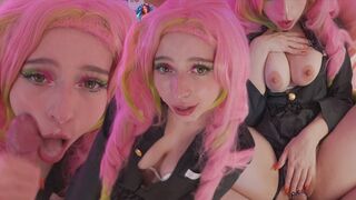 Mitsuri kanroji cosplayben élvezi a fasznak a lyukait és termetes arconlövellést kap